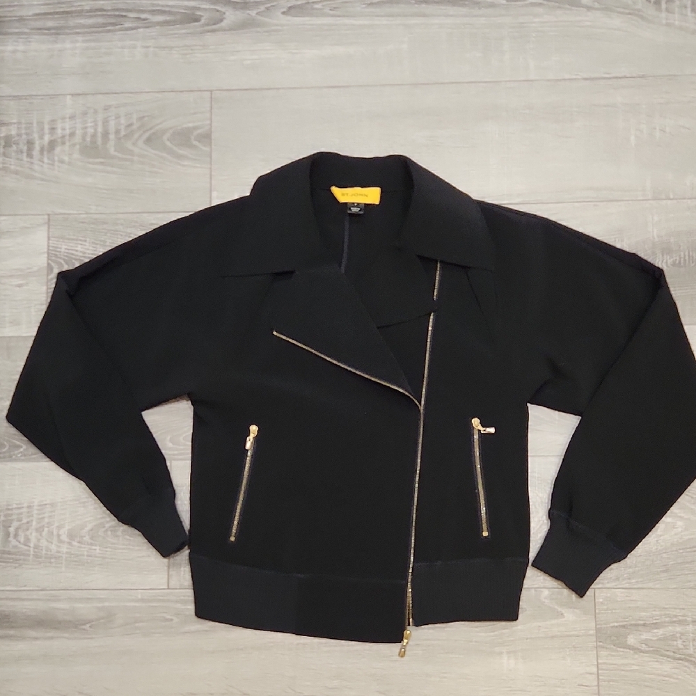 St. John Black Moto Jacket with Gold Accents